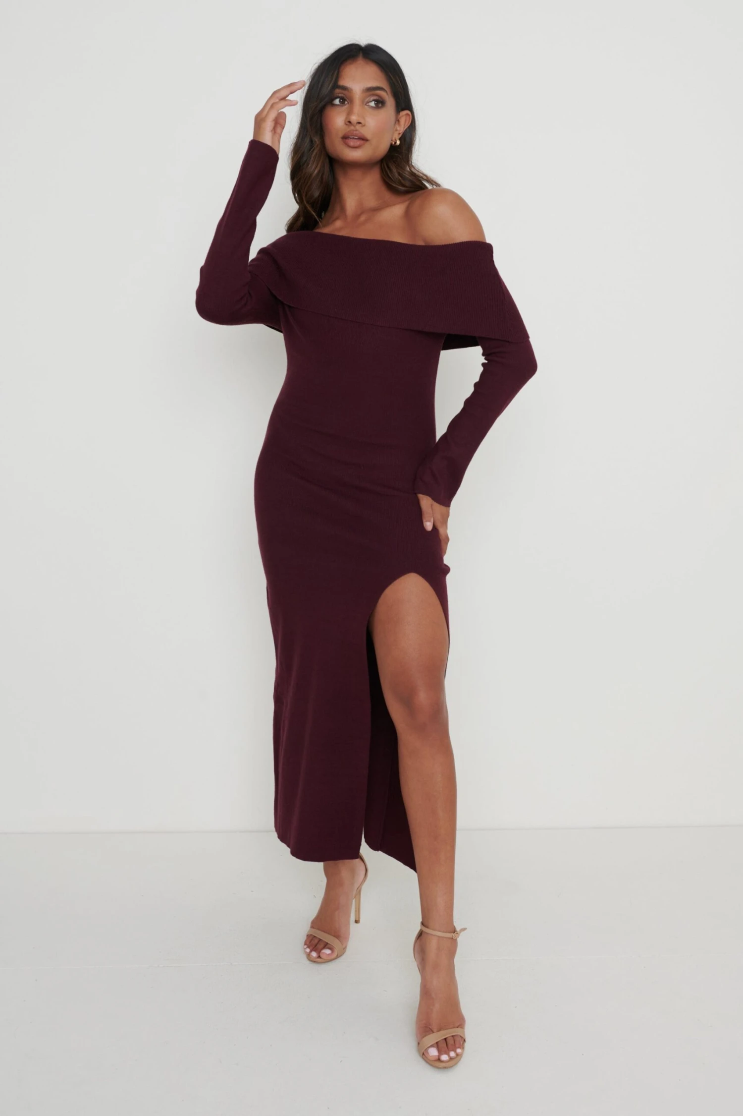 Payton Asymmetric Bardot Knit Dress - Wine 4 Payton Asymmetric Bardot Knit Dress - Wine - Image 2