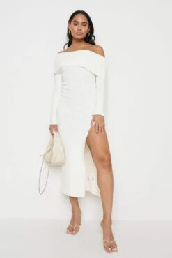 Payton Asymmetric Bardot Knit Dress - Cream -By Knitwear Shop Payton cream dress 2322