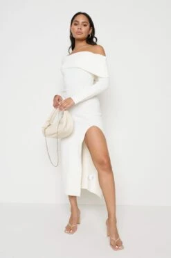 Payton Asymmetric Bardot Knit Dress - Cream -By Knitwear Shop Payton cream dress 2328
