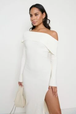 Payton Asymmetric Bardot Knit Dress - Cream -By Knitwear Shop Payton cream dress 2348
