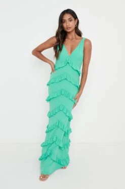 Piper Ruffle Maxi Dress - Green -By Knitwear Shop Piper Ruffle Midaxi Green 1319
