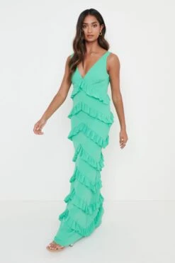 Piper Ruffle Maxi Dress - Green -By Knitwear Shop Piper Ruffle Midaxi Green 1328