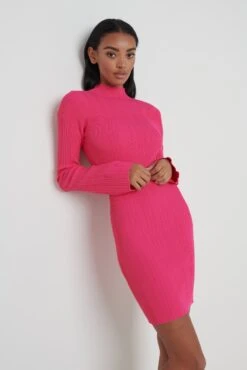 Priscilla High Neck Backless Mini Knit Dress - Pink -By Knitwear Shop Priscilla High Neck Dress Pink 2600