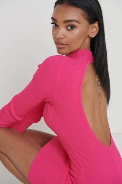 Priscilla High Neck Backless Mini Knit Dress - Pink -By Knitwear Shop Priscilla High Neck Dress Pink 2643