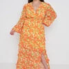 Rochelle Shirred Waist Maxi Dress Curve - Orange And Yellow Floral 1 Rochelle Shirred Waist Maxi Dress Curve - Orange And Yellow Floral -By Knitwear Shop Rochelle Shirred Dress Curve 1342