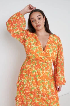 Rochelle Shirred Waist Maxi Dress Curve - Orange And Yellow Floral -By Knitwear Shop Rochelle Shirred Dress Curve 1372