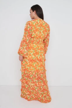 Rochelle Shirred Waist Maxi Dress Curve - Orange And Yellow Floral -By Knitwear Shop Rochelle Shirred Dress Curve 1378
