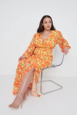 Rochelle Shirred Waist Maxi Dress Curve - Orange And Yellow Floral -By Knitwear Shop Rochelle Shirred Dress Curve 1392