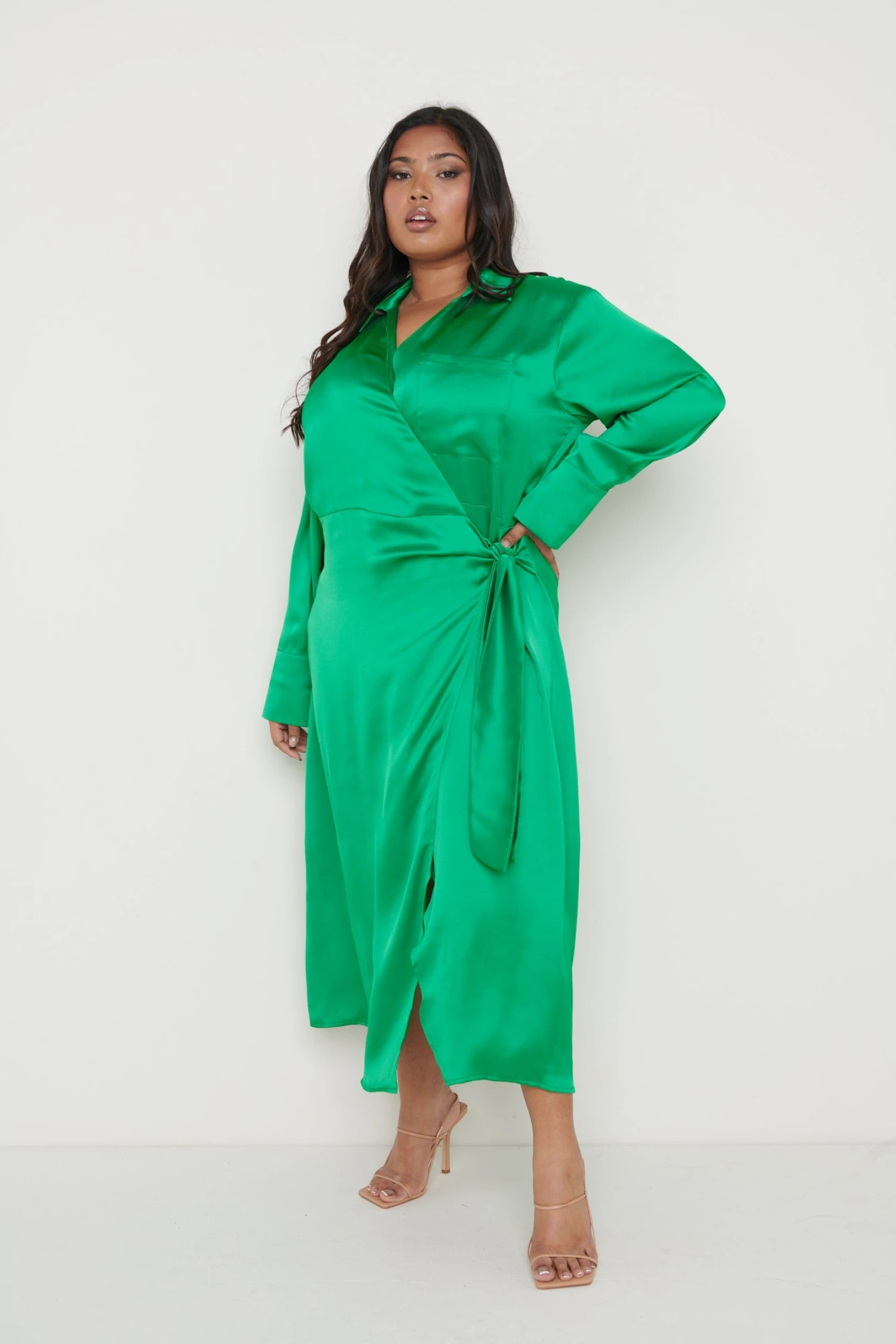 Ronnie Recycled Satin Wrap Dress - Emerald Green 10 Ronnie Recycled Satin Wrap Dress - Emerald Green - Image 8