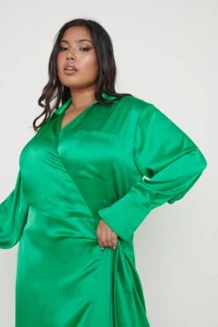 Ronnie Recycled Satin Wrap Dress - Emerald Green 14 Ronnie Recycled Satin Wrap Dress - Emerald Green -By Knitwear Shop Ronnie Dress Green Curve 2048