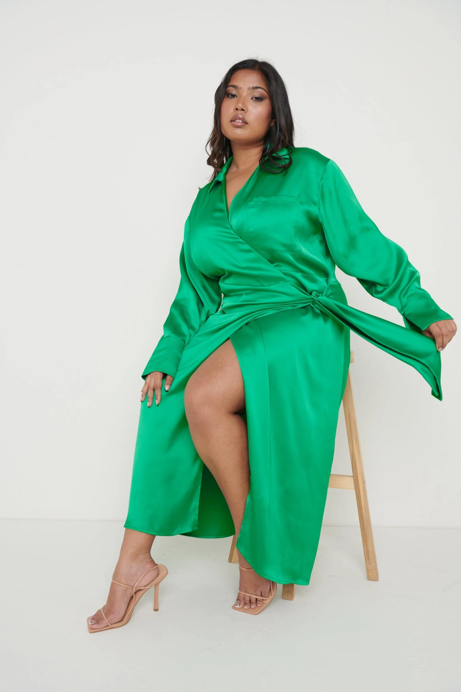 Ronnie Recycled Satin Wrap Dress - Emerald Green 8 Ronnie Recycled Satin Wrap Dress - Emerald Green - Image 6