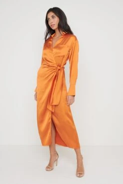 Ronnie Satin Wrap Dress - Orange -By Knitwear Shop Ronnie Dress Orange 1941