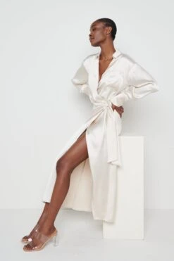 Ronnie Satin Wrap Dress - Oyster -By Knitwear Shop Ronnie Oyster 1004