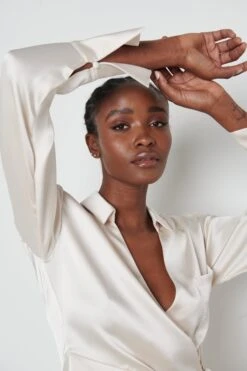 Ronnie Satin Wrap Dress - Oyster -By Knitwear Shop Ronnie Oyster 975