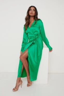 Ronnie Recycled Satin Wrap Dress - Emerald Green 13 Ronnie Recycled Satin Wrap Dress - Emerald Green -By Knitwear Shop Ronnie Wrap Dress Green 898