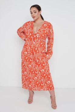 Rosslyn Tied Long Sleeve Midaxi Dress Curve - Orange Zebra