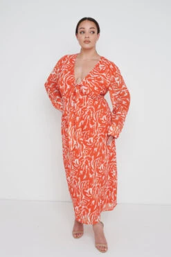 Rosslyn Tied Long Sleeve Midaxi Dress Curve - Orange Zebra -By Knitwear Shop Rosslyn Cutout Curve 1532
