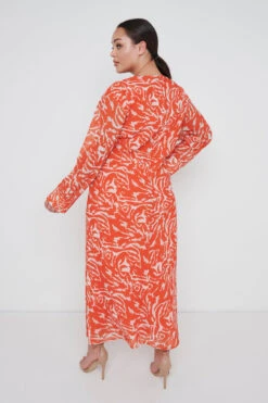 Rosslyn Tied Long Sleeve Midaxi Dress Curve - Orange Zebra -By Knitwear Shop Rosslyn Cutout Curve 1553