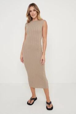 Rowan Sleeveless Knit Dress - Taupe -By Knitwear Shop Rowan Knit Dress Taupe 1905