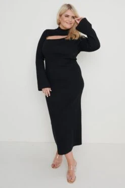 Shani Cut Out Knit Dress - Black 12 Shani Cut Out Knit Dress - Black -By Knitwear Shop Shani Cut Out Knit Midaxi Dress Black Curve14