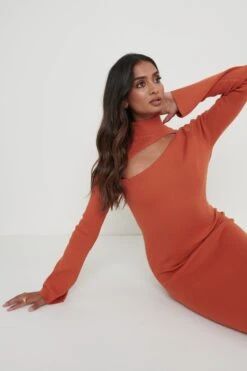 Shani Cut Out Knit Dress - Orange -By Knitwear Shop Shani Cut Out Knit Midaxi Dress Orange59