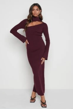 Shani Cut Out Knit Dress - Wine -By Knitwear Shop Shani dress wine 5012