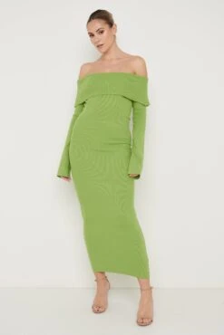 Soreya Bardot Knit Dress - Green -By Knitwear Shop Soreya Bardot Knit Dress Green 505