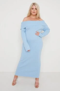 Soreya Bardot Knit Dress- Blue -By Knitwear Shop Soreya Blue 2701