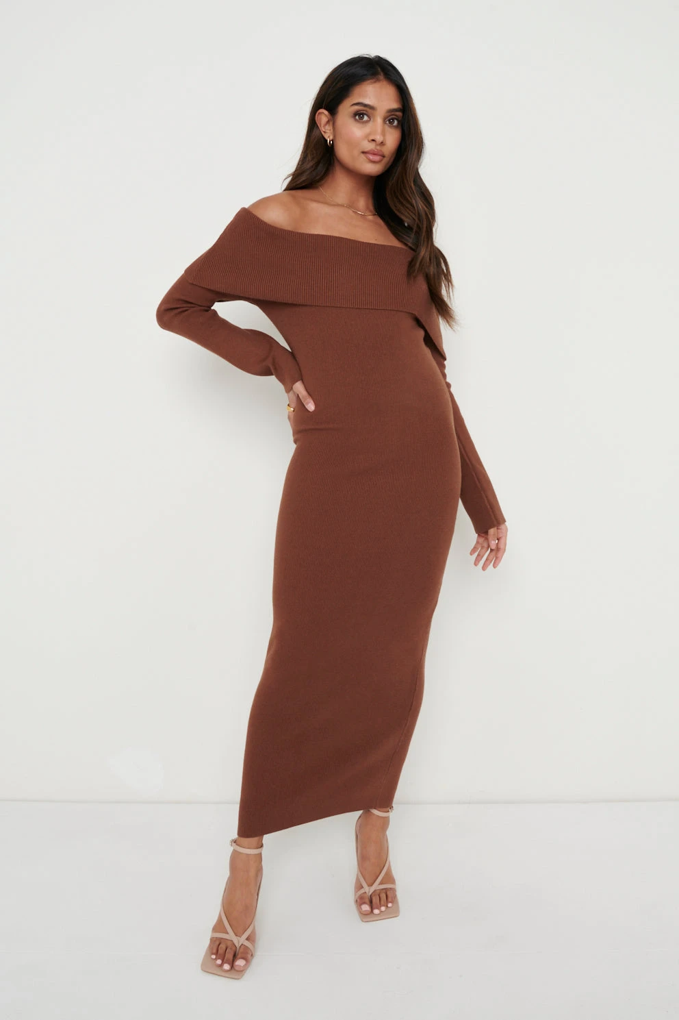 Soreya Bardot Knit Dress- Brown 3 Soreya Bardot Knit Dress- Brown - Image 2