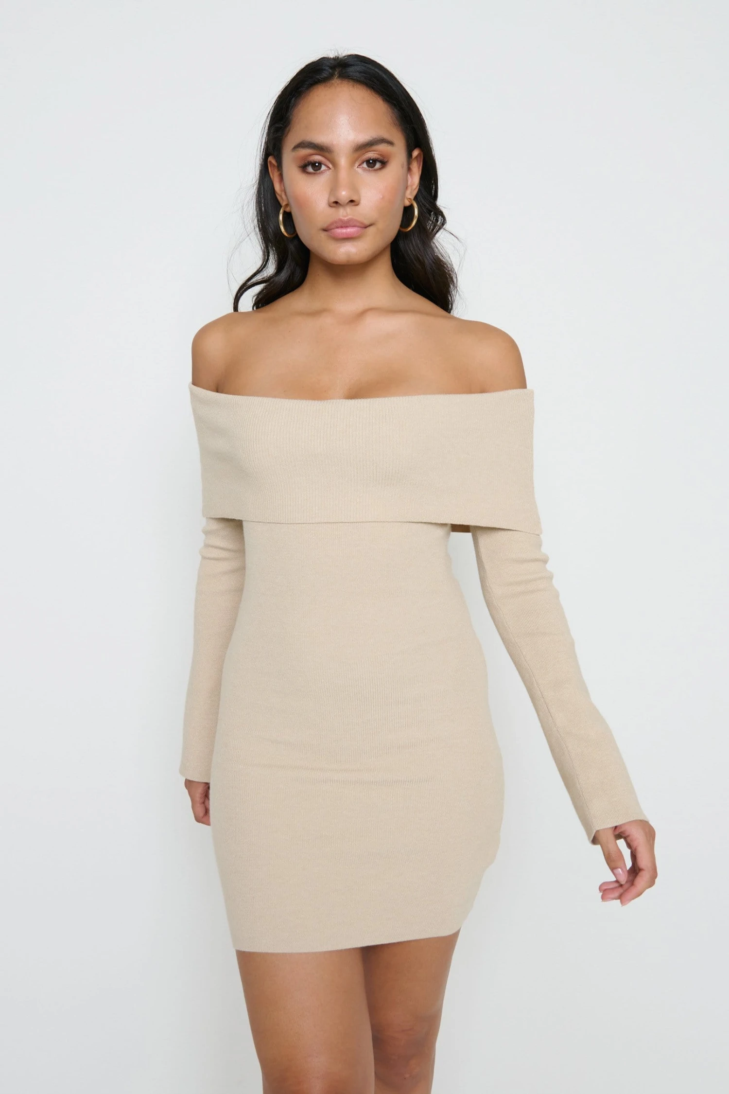 Soreya Mini Bardot Knit Dress - Beige 6 Soreya Mini Bardot Knit Dress - Beige - Image 4