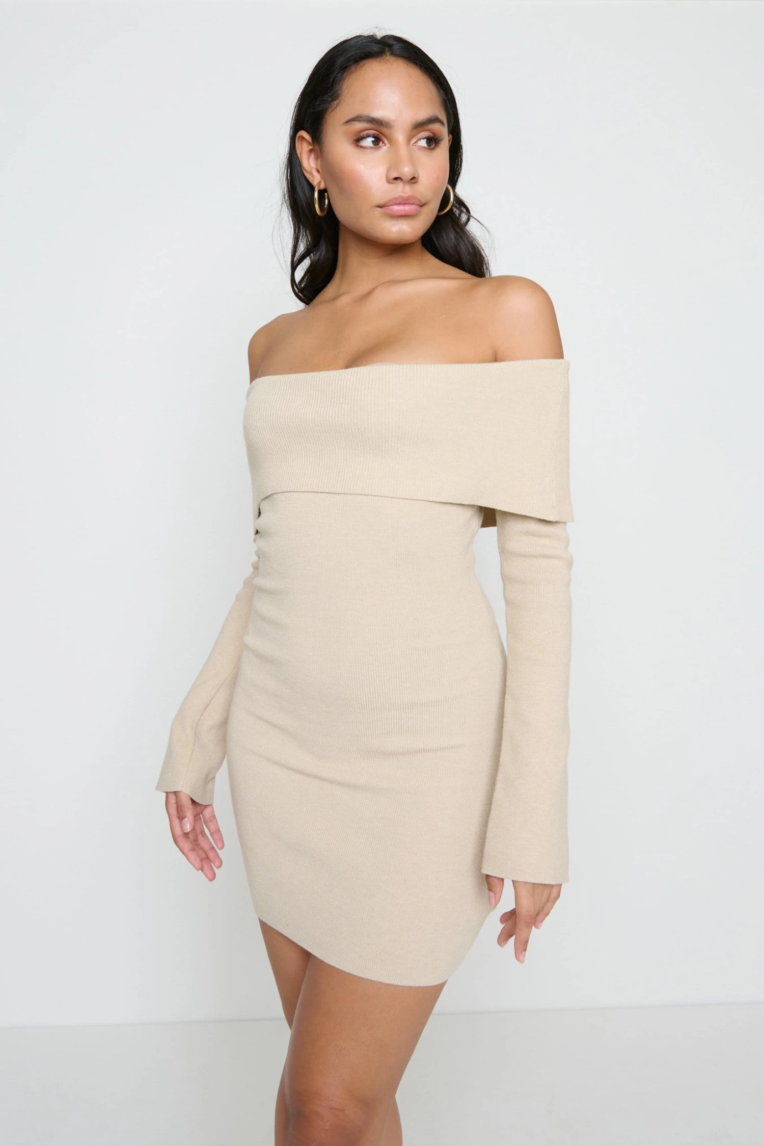 Soreya Mini Bardot Knit Dress - Beige 4 Soreya Mini Bardot Knit Dress - Beige - Image 2
