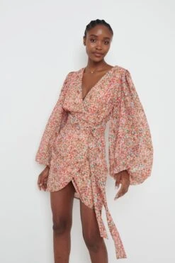 Tori Mini Drape Dress - Orange Ditsy Floral -By Knitwear Shop Tori mini dress orange floral 643