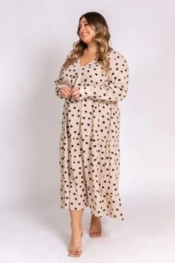 Curve Dotty Day Dress - Beige Polka Dot