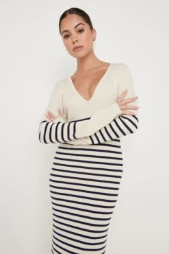 Vanessa Striped Knit Dress - Cream And Blue -By Knitwear Shop Vanessa Stripe Knit Dress 348