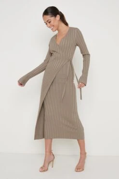 Vinnie Wrap Tie Midaxi Dress - Taupe -By Knitwear Shop Vinnie Wrap Dress Taupe 2891