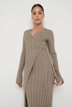 Vinnie Wrap Tie Midaxi Dress - Taupe -By Knitwear Shop Vinnie Wrap Dress Taupe 2912
