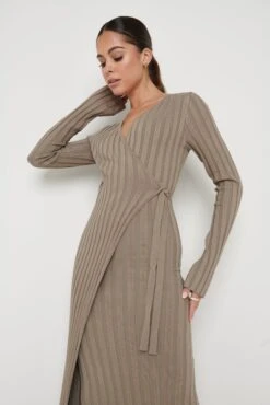 Vinnie Wrap Tie Midaxi Dress - Taupe -By Knitwear Shop Vinnie Wrap Dress Taupe 2917